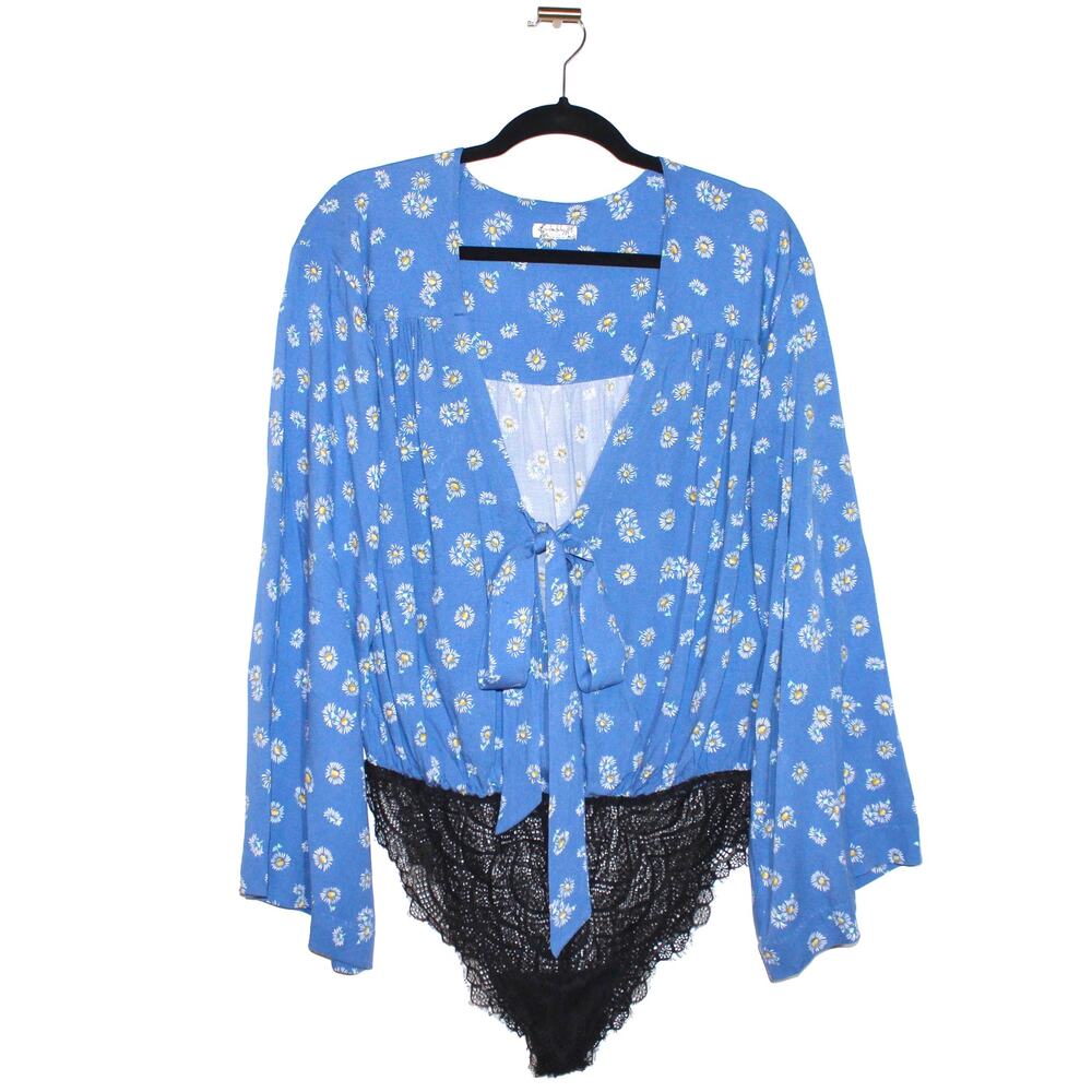 Free People Forties Printed Bell-Sleeve Bodysuit Medium
